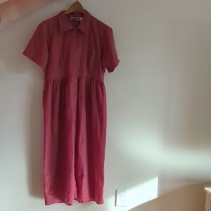 VTG Pink Linen-Cotton Dress Collared Maxi Dress With Sweet Tie At Back Vintage